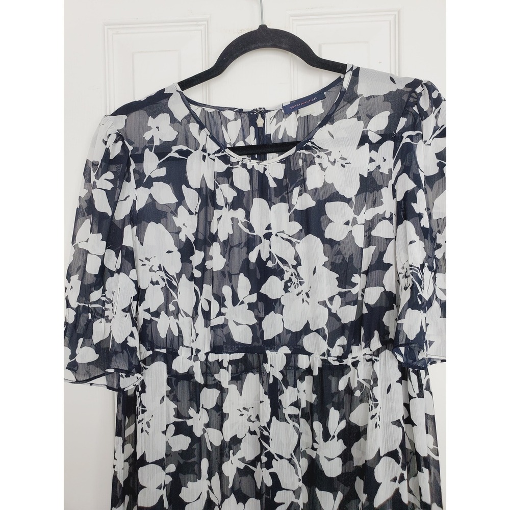 Tommy Hilfiger SHEER Maxi Dress Navy White Floral Chiffon Tiered Short Sleeve 18 - Picture 2 of 7